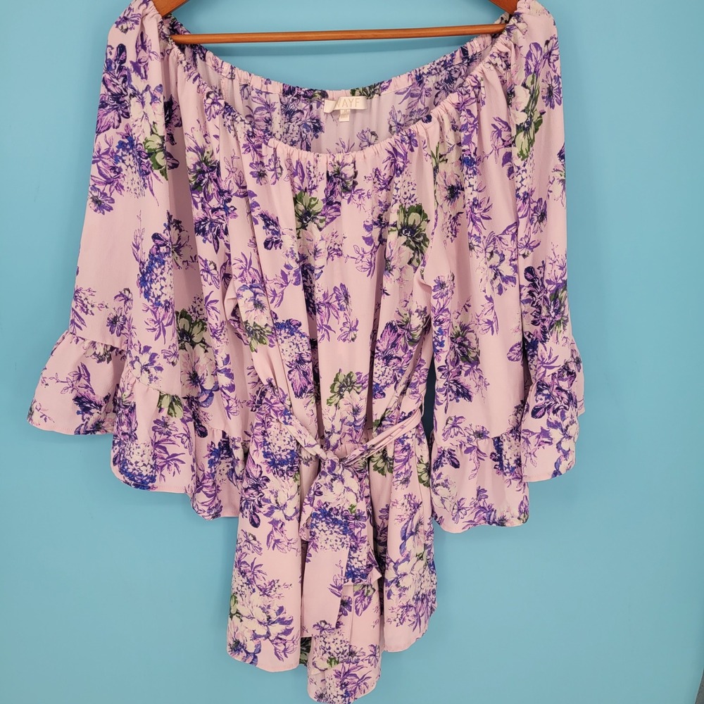 WAYF Floral Romper M Medium Off Shoulder Smocked Bell Sleeve Purple Cottagecore